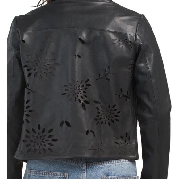 Bod & Christensen Laser-Cut Black Leather Jacket Floral Design Size XL New - Picture 2 of 7